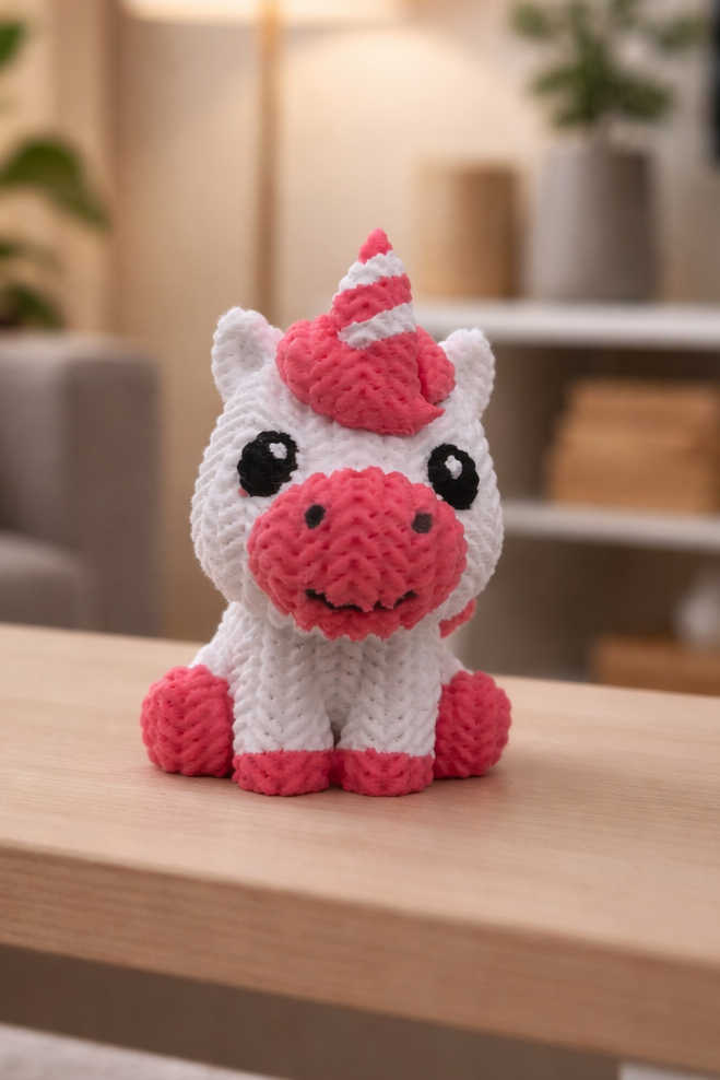 Figurine licorne blanche et rose imprimée en 3D avec corne torsadée et yeux noirs
