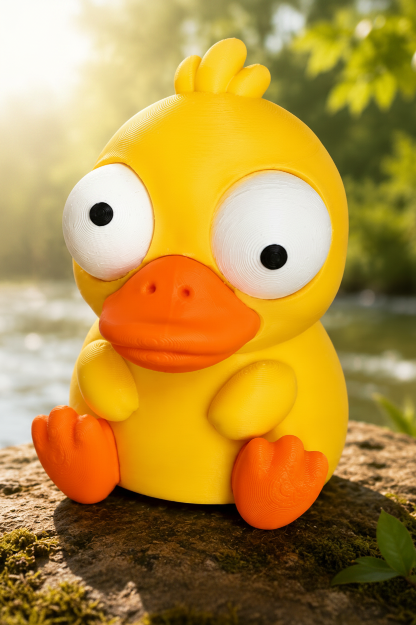 Figurine de canard rigolote aux grands yeux mobiles sur fond blanc, gros plan