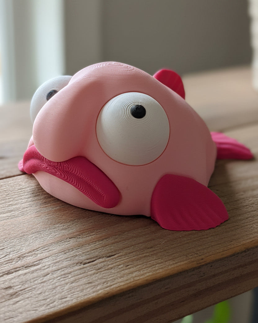 Figurine de blobfish aux yeux mobiles, vue de face sur fond blanc