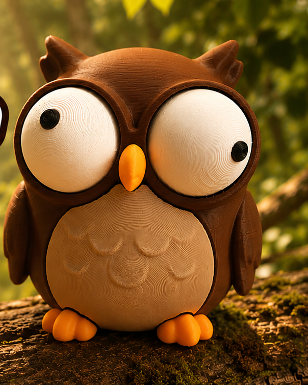 Figurine de hibou rigolote aux grands yeux mobiles, vue de face