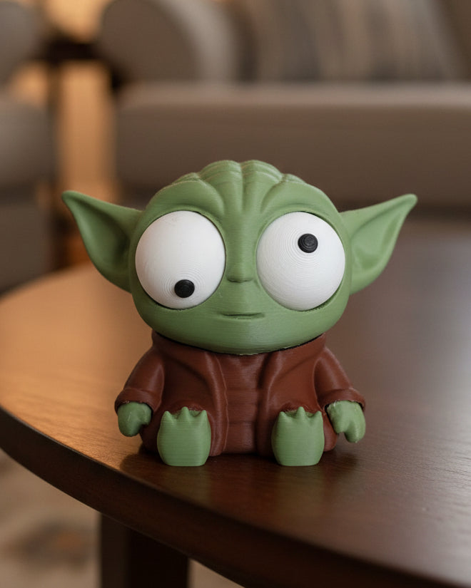 Figurine de Yoda rigolote aux yeux mobiles et grandes oreilles, vue de face