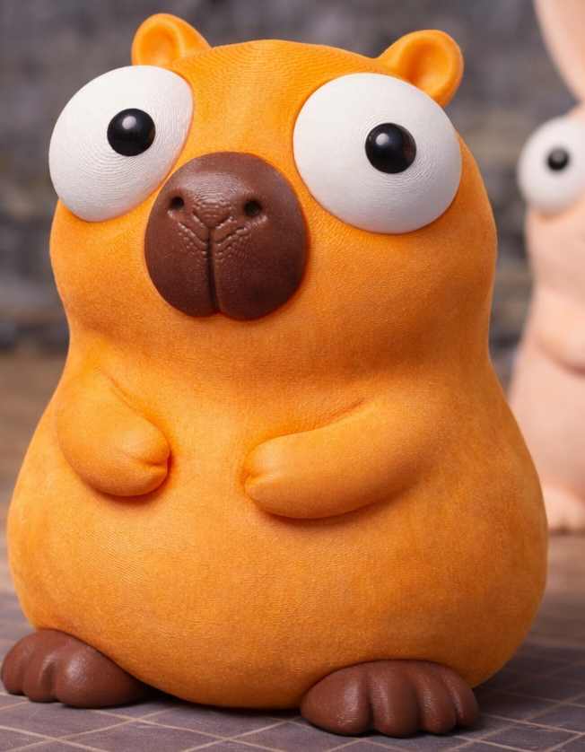 Figurine de capybara aux grands yeux mobiles, vue de face sur fond blanc