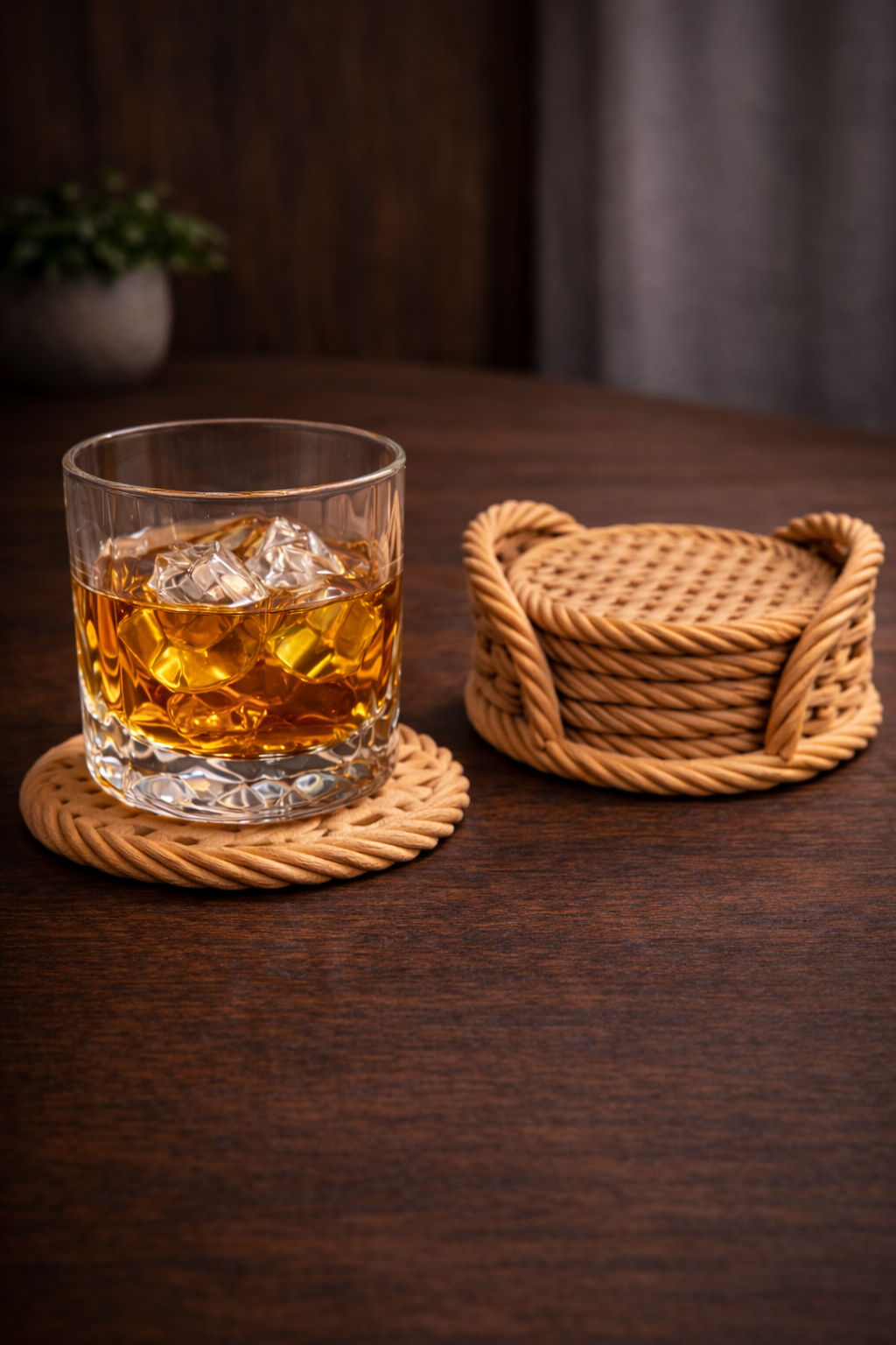 Lot de cinq sous-verres tressés beiges avec support cylindrique assorti