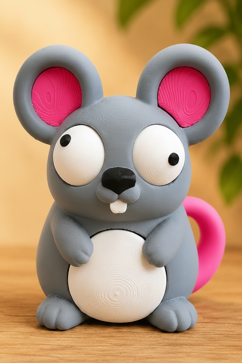 Gros plan d'une petite souris de dessin animé aux grands yeux mobiles et au petit sourire