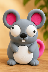 Gros plan d'une petite souris de dessin animé aux grands yeux mobiles et au petit sourire