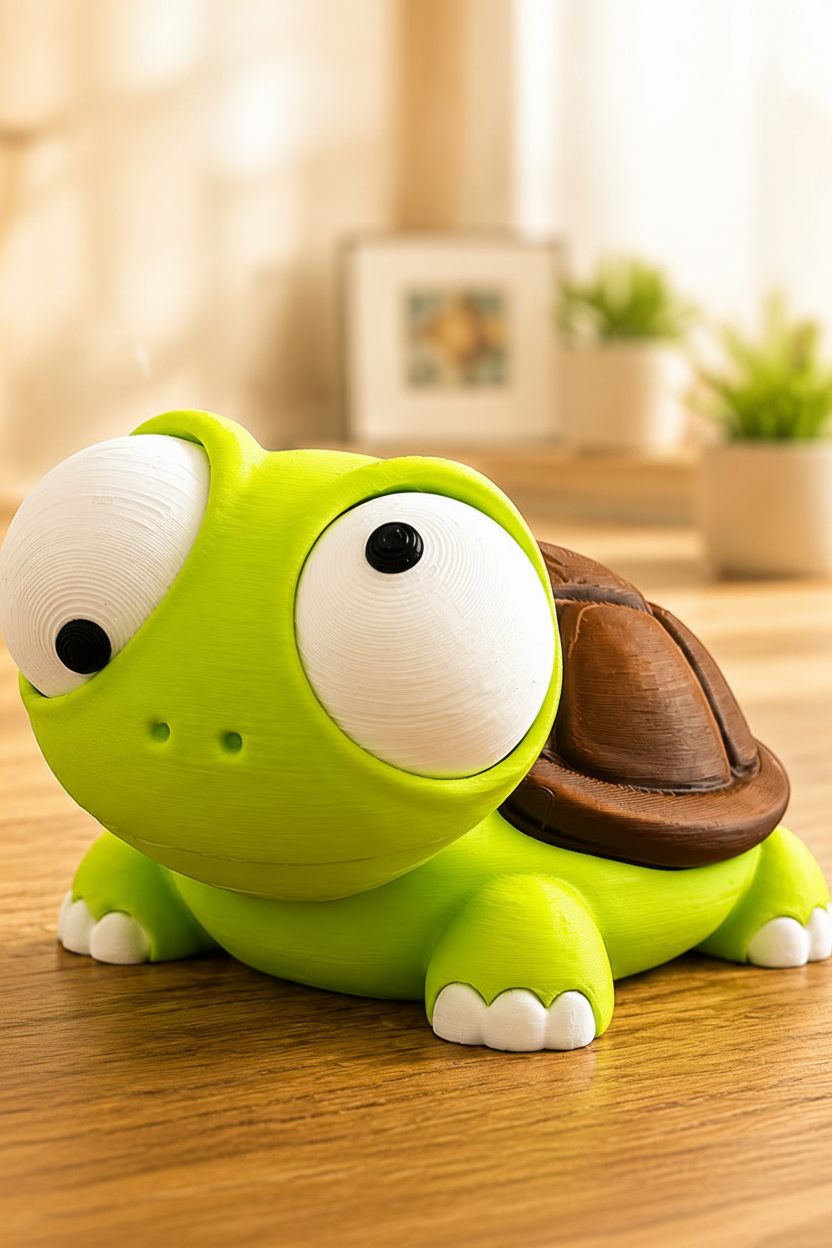 Gros plan d'une tortue de dessin animé aux grands yeux mobiles sur fond blanc