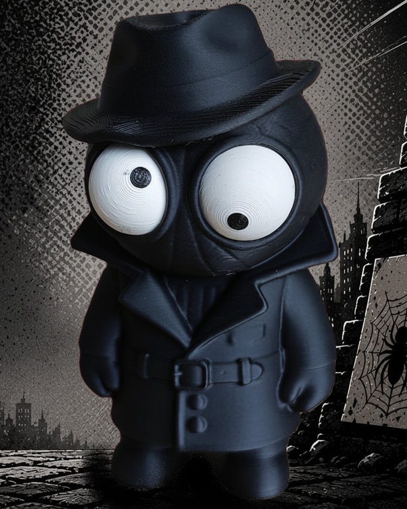 Figurine Spider Noir aux yeux mobiles, manteau sombre et chapeau, gros plan sur fond blanc