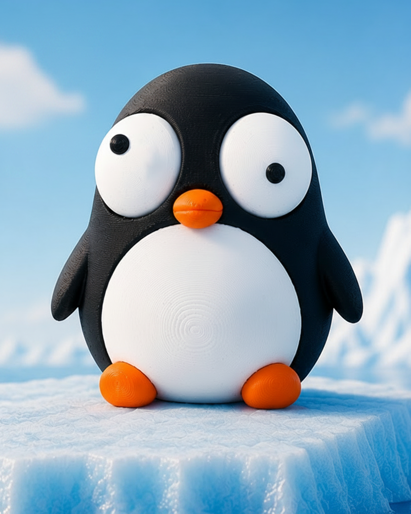 Figurine de pingouin rigolote aux yeux mobiles, gros plan sur fond blanc