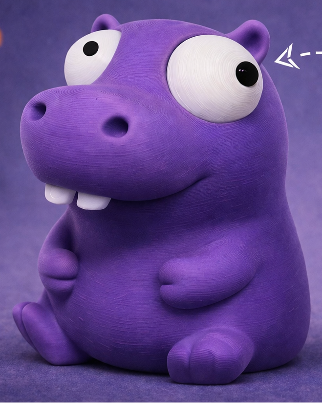 Gros plan d'une petite figurine d'hippopotame aux grands yeux mobiles sur fond blanc