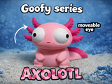 Figurine d'axolotl rigolote aux grands yeux mobiles, vue de face