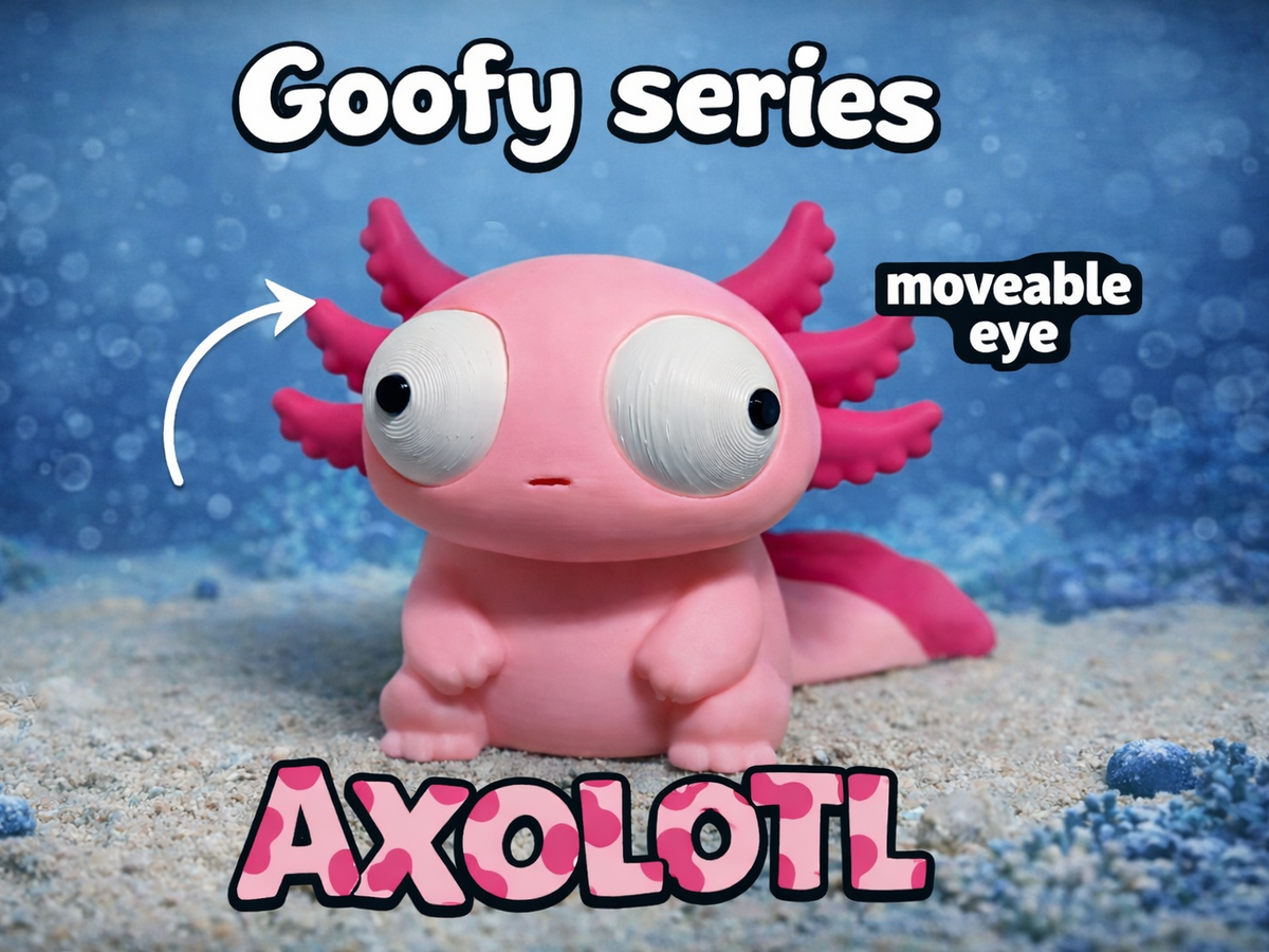 Figurine d'axolotl rigolote aux grands yeux mobiles, vue de face