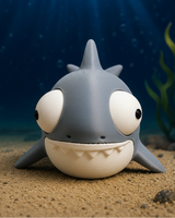 Figurine de requin rigolote aux grands yeux mobiles sur fond blanc