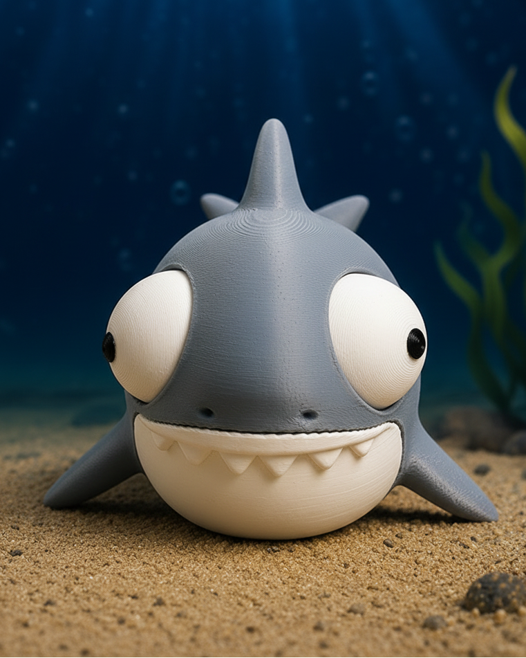 Figurine de requin rigolote aux grands yeux mobiles sur fond blanc