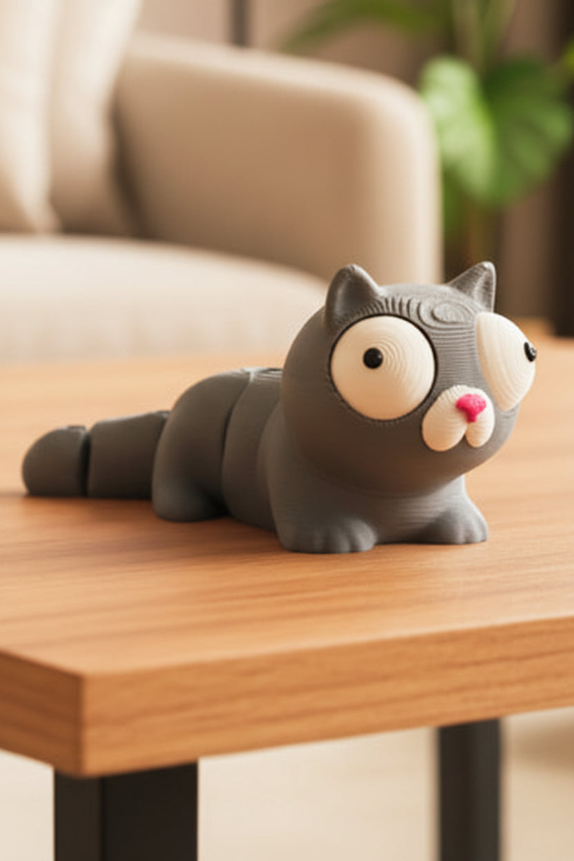 Petit chat articulé sur un bureau près d'un clavier et d'une tasse de café