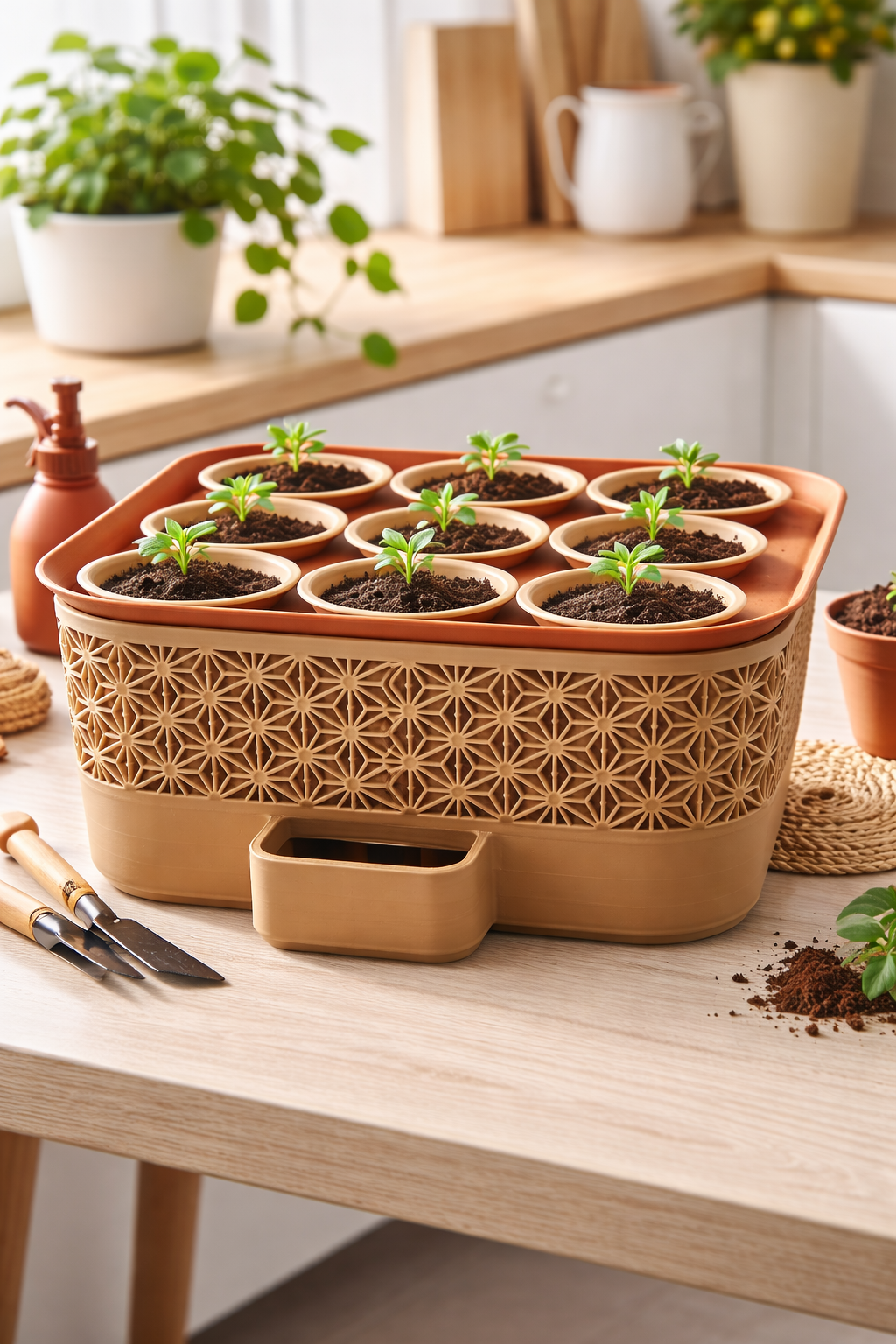 Plateau de semis à réserve d'eau avec neuf pots et motif géométrique