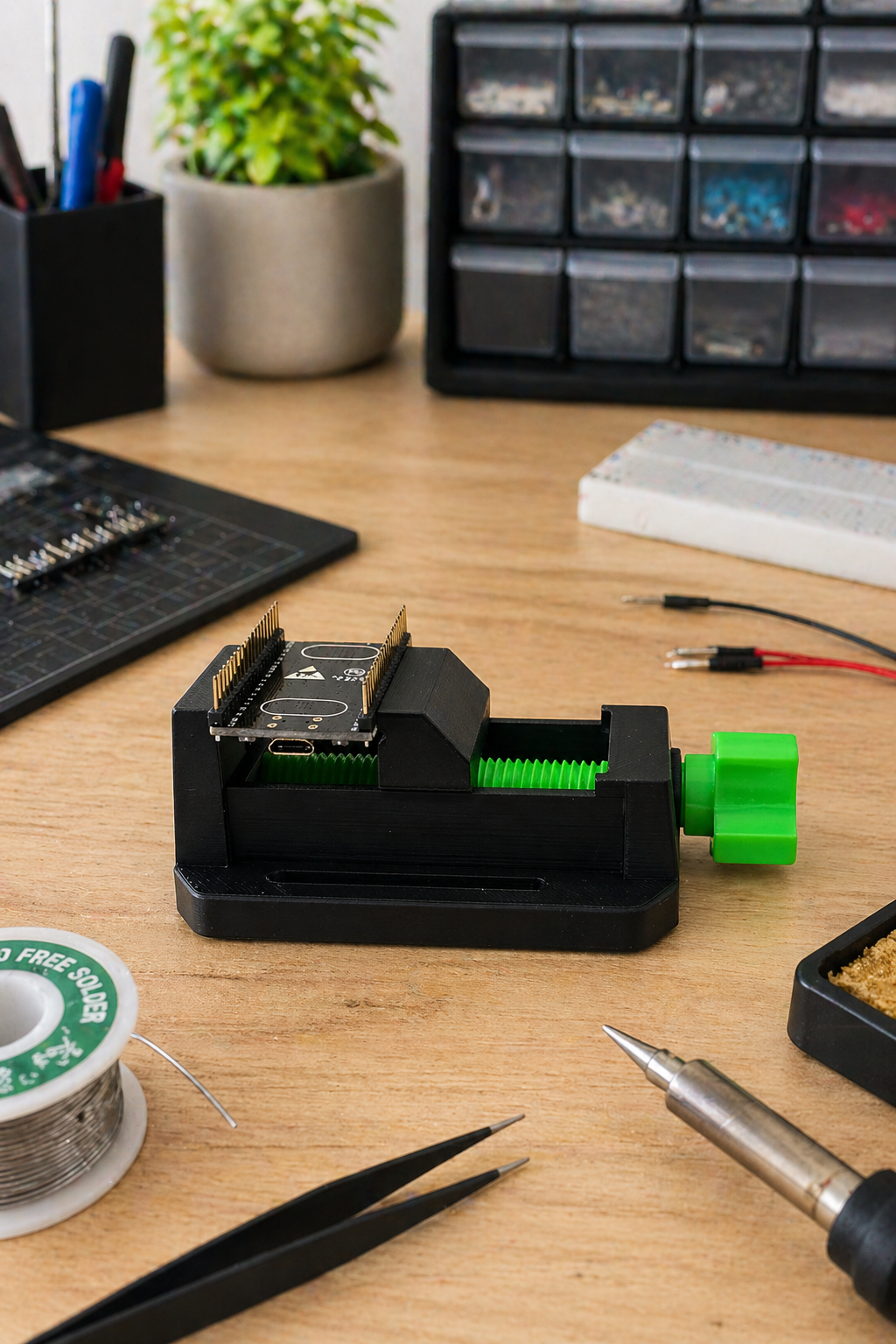Mini-étau noir compact avec détails verts, fixé sur l'établi