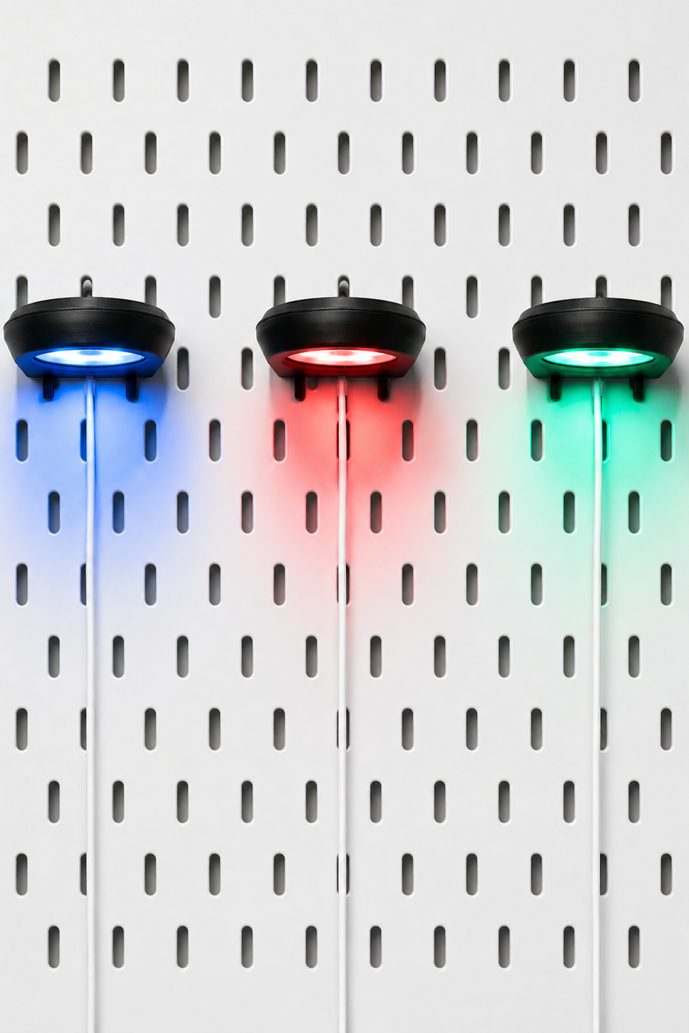 Lampe LED RVB fixée sur un panneau perforé IKEA Skådis noir, avec télécommande sans fil
