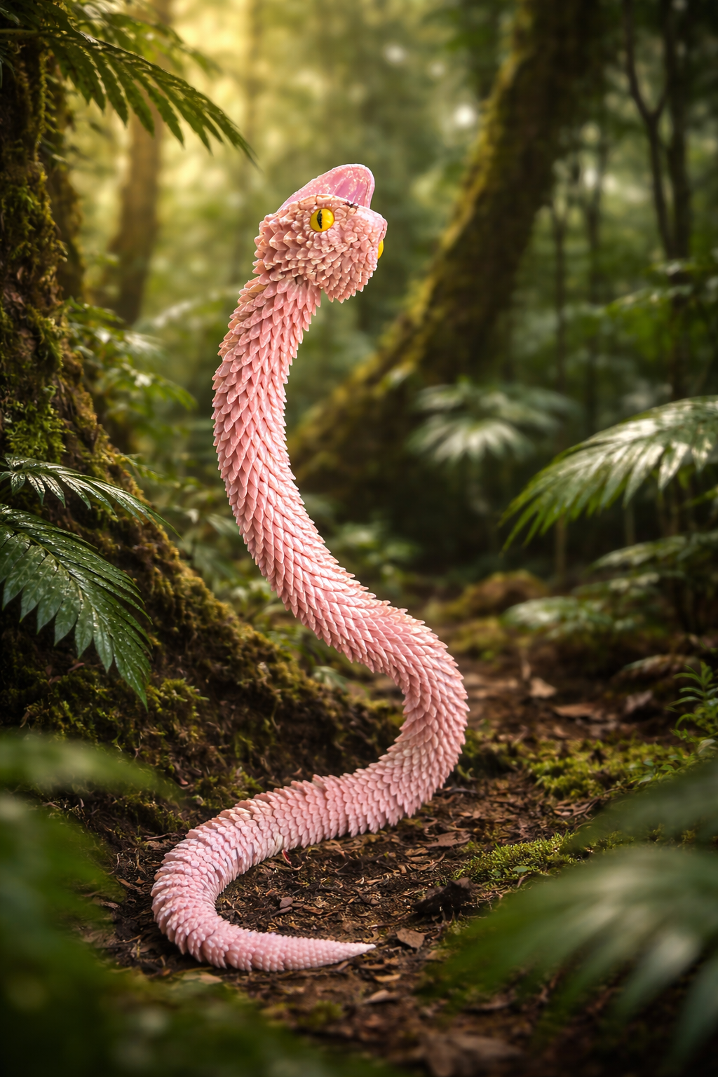 Serpent décoratif rose de 40 cm aux yeux jaunes et aux écailles sculptées