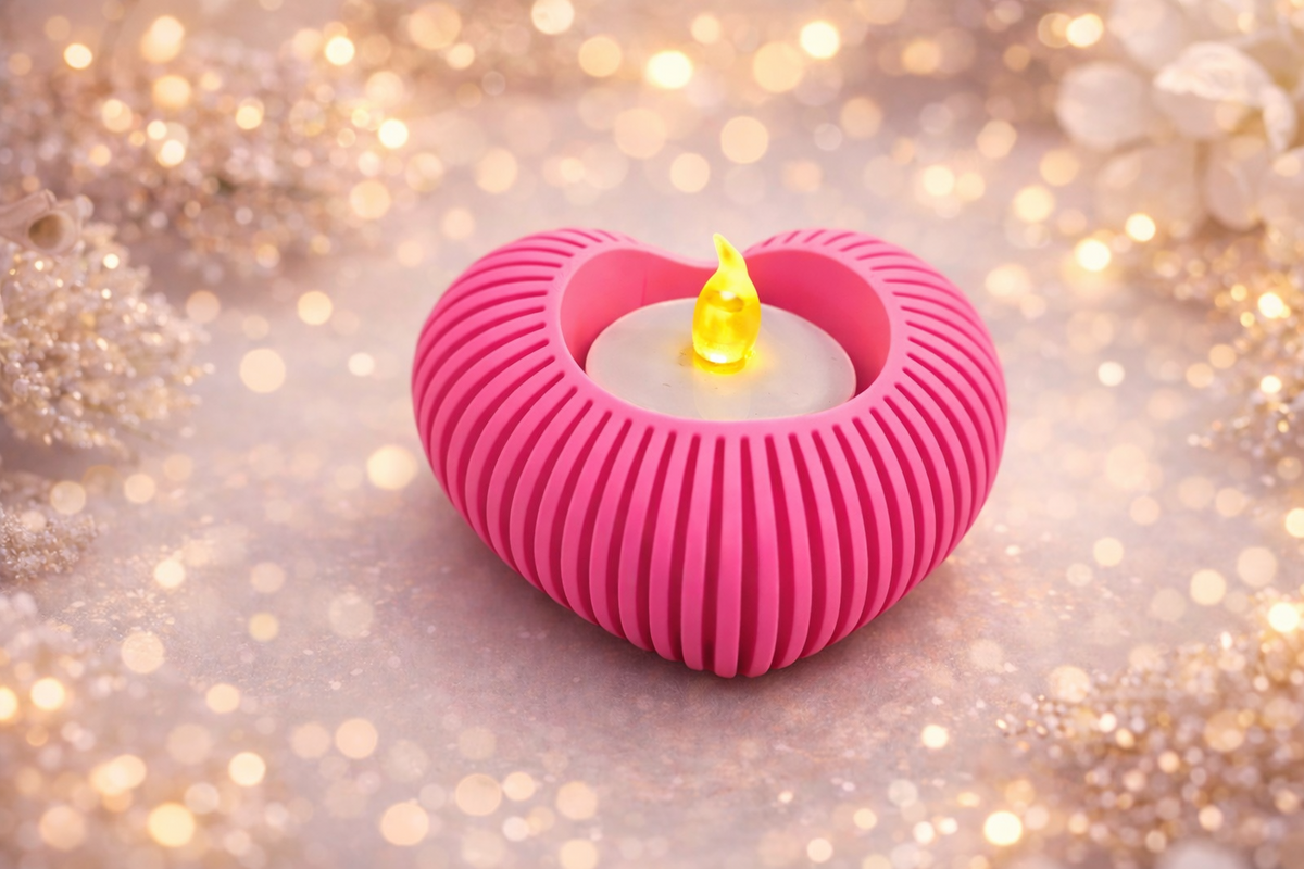 Bougeoir rose en forme de cœur avec bougie LED amovible à côté