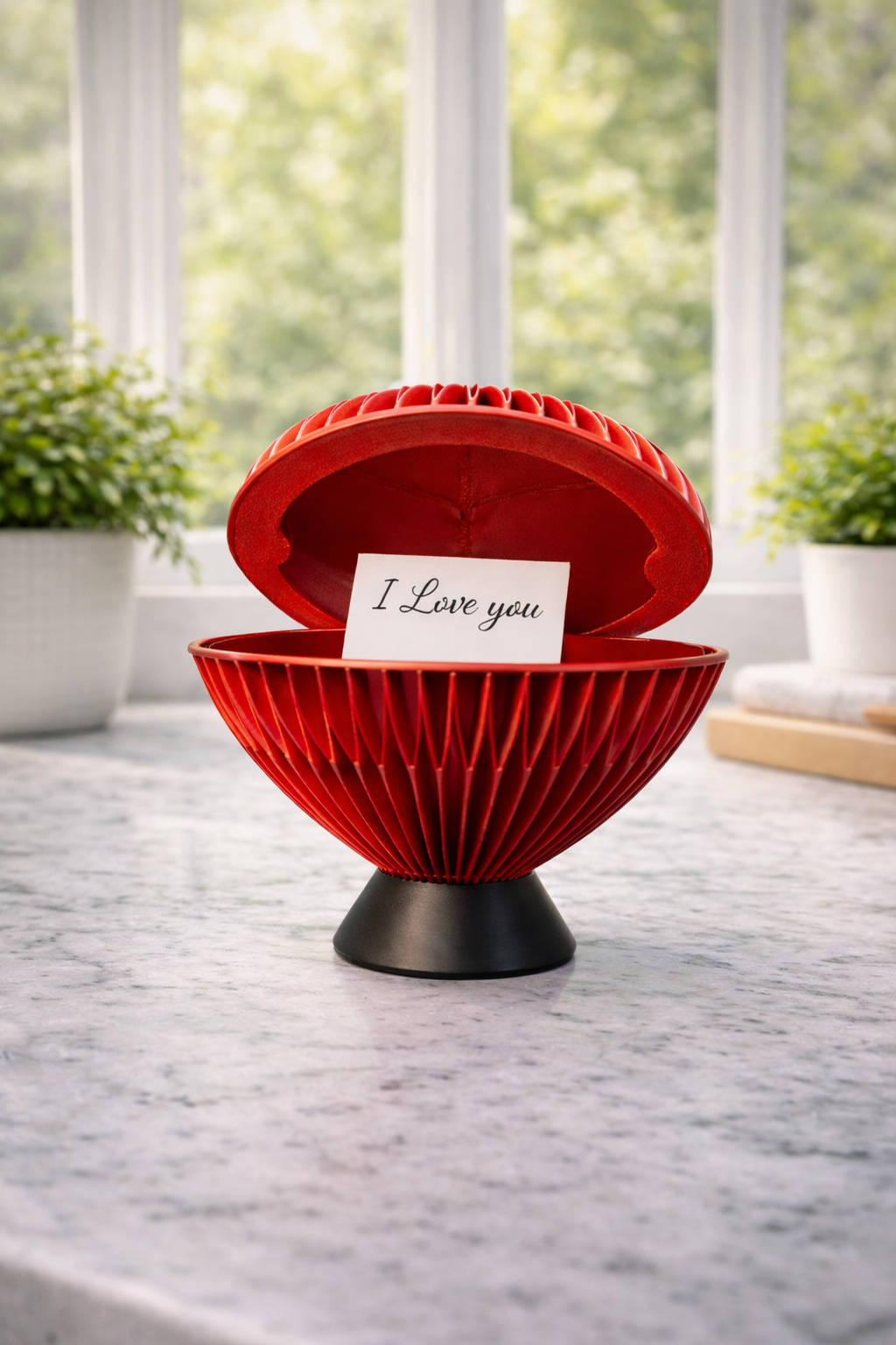 Boîte de rangement rouge en forme de cœur au design strié élégant et au fond noir