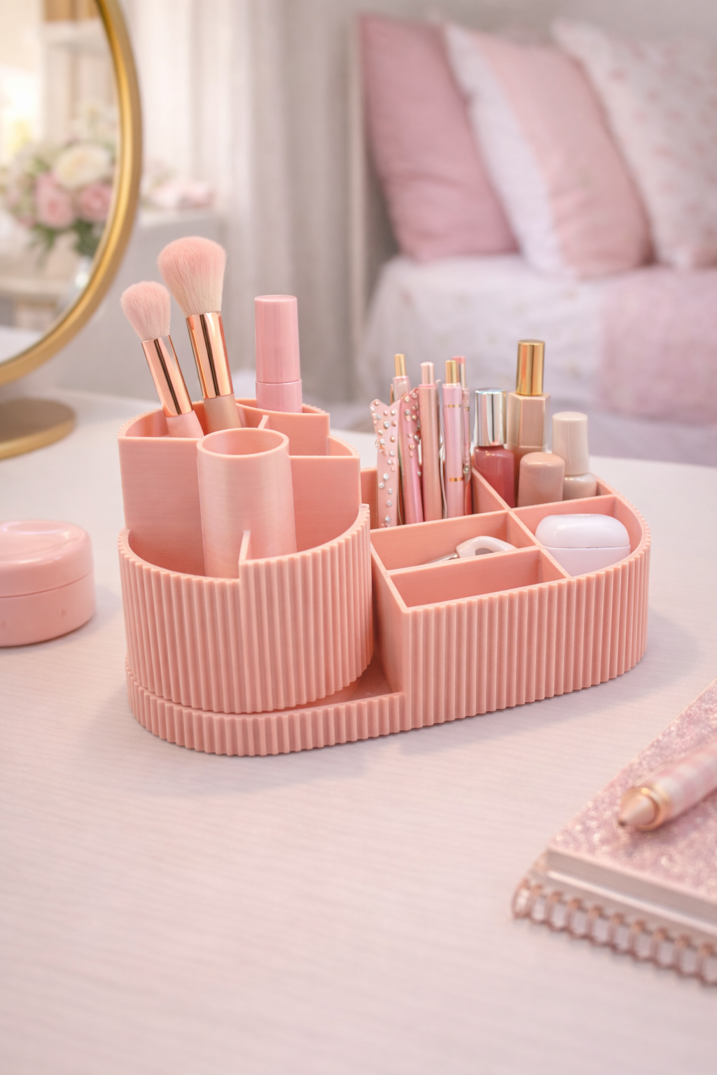 Organiseur de cosmétiques strié rose à plusieurs compartiments, vue de face
