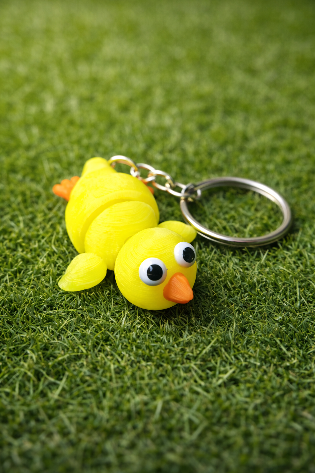 Porte-clés poussin jaune fluo imprimé en 3D au bec orange et à l'air joyeux