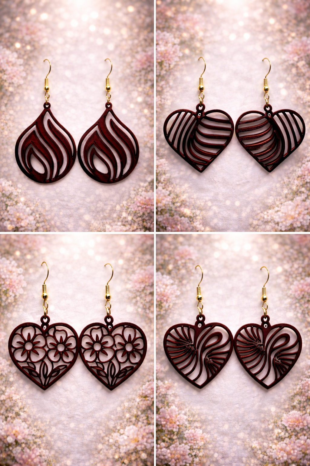 Trois boucles d'oreilles aspect bois d'acajou avec apprêts dorés, présentées ensemble