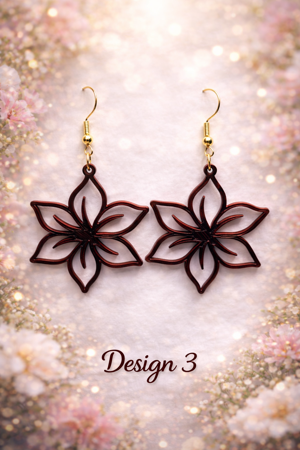 Boucle d'oreille cœur avec trois fleurs orientées différemment