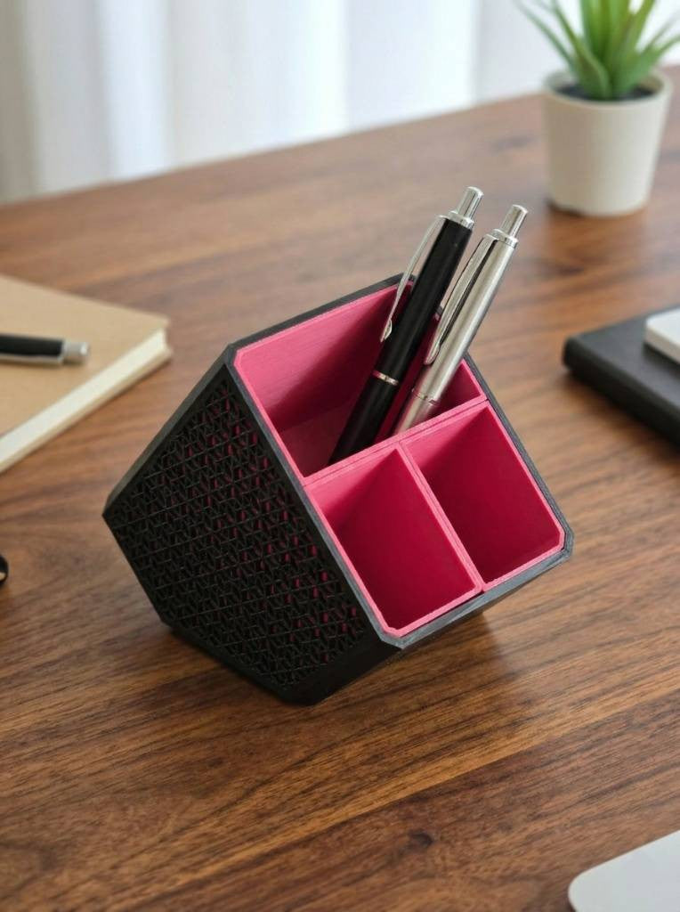 Pot à crayons à trois compartiments au design moderne et minimaliste aux lignes épurées