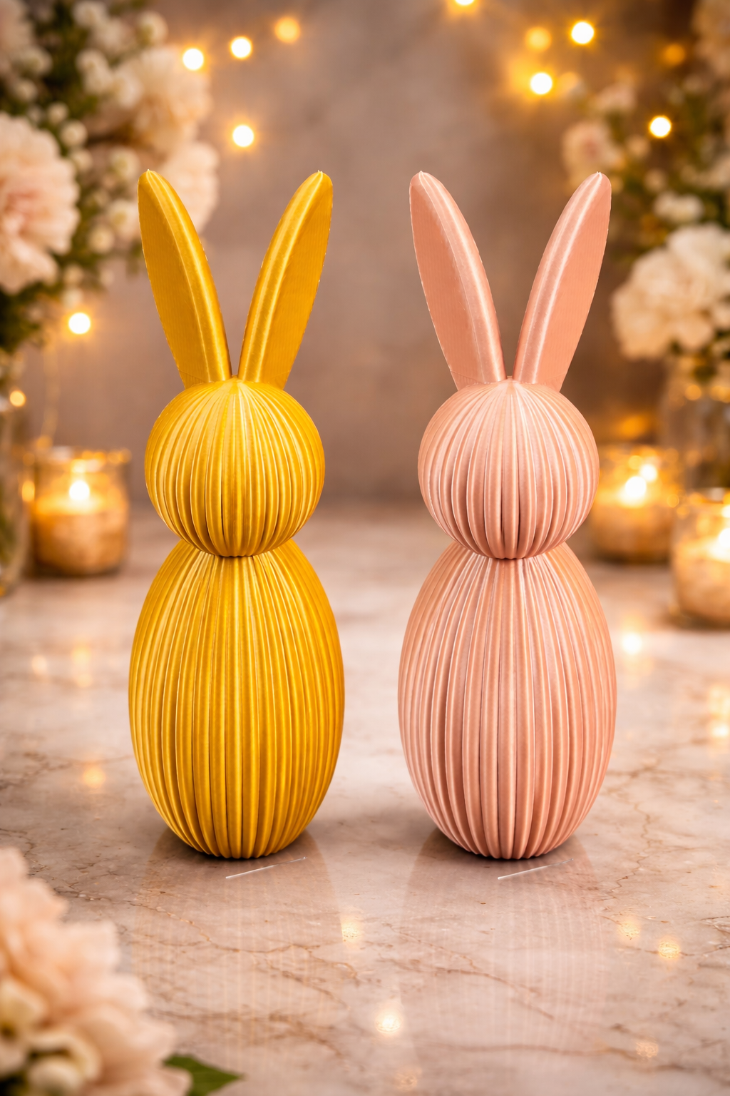 Figurine de lapin de Pâques moderne de 16 cm, rose poudré, au design strié élégant