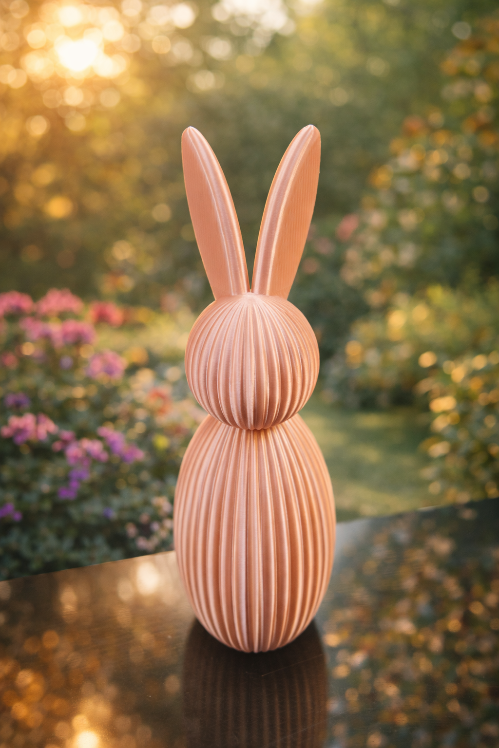 Lapin de Pâques posé au bord d'une étagère entre des fleurs et des décorations printanières