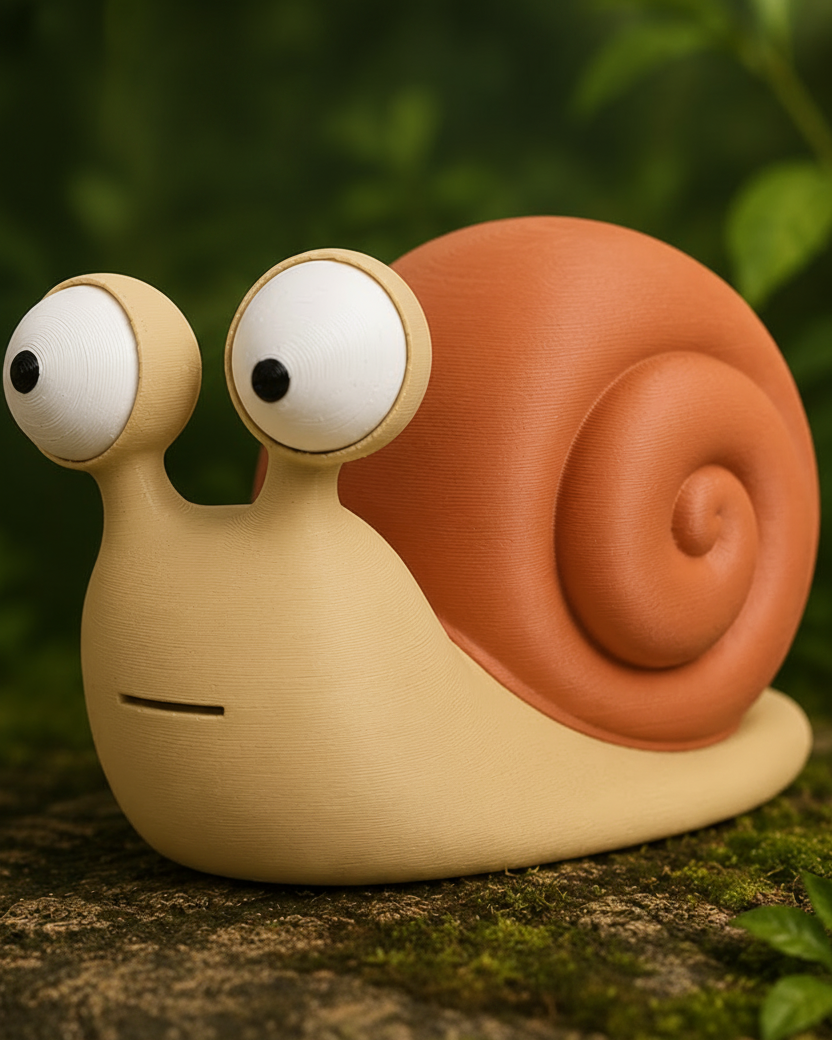 Gros plan d'une figurine d'escargot amusante aux grands yeux mobiles sur fond blanc