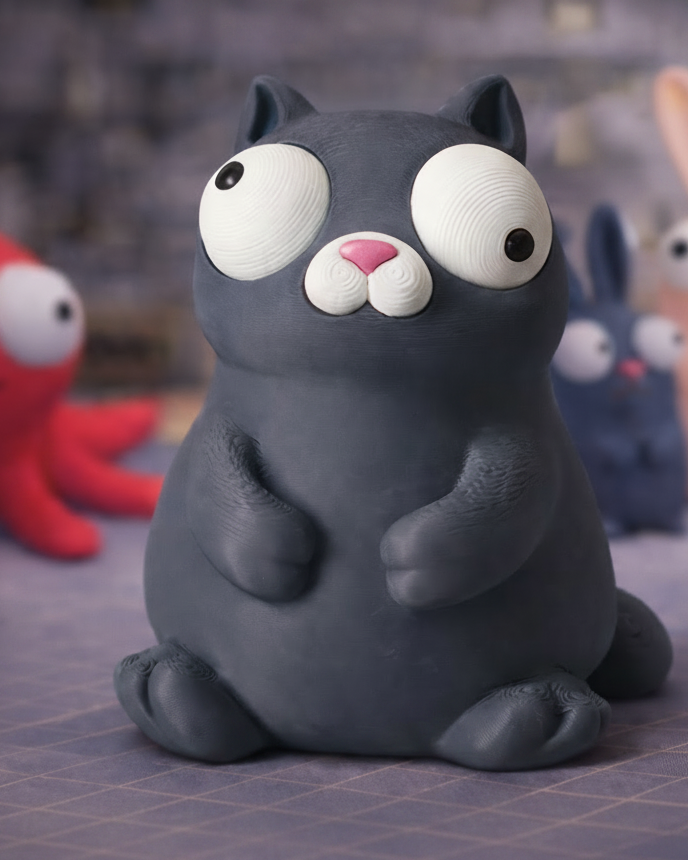 Gros plan d'une figurine de chat blanc dodu aux grands yeux mobiles