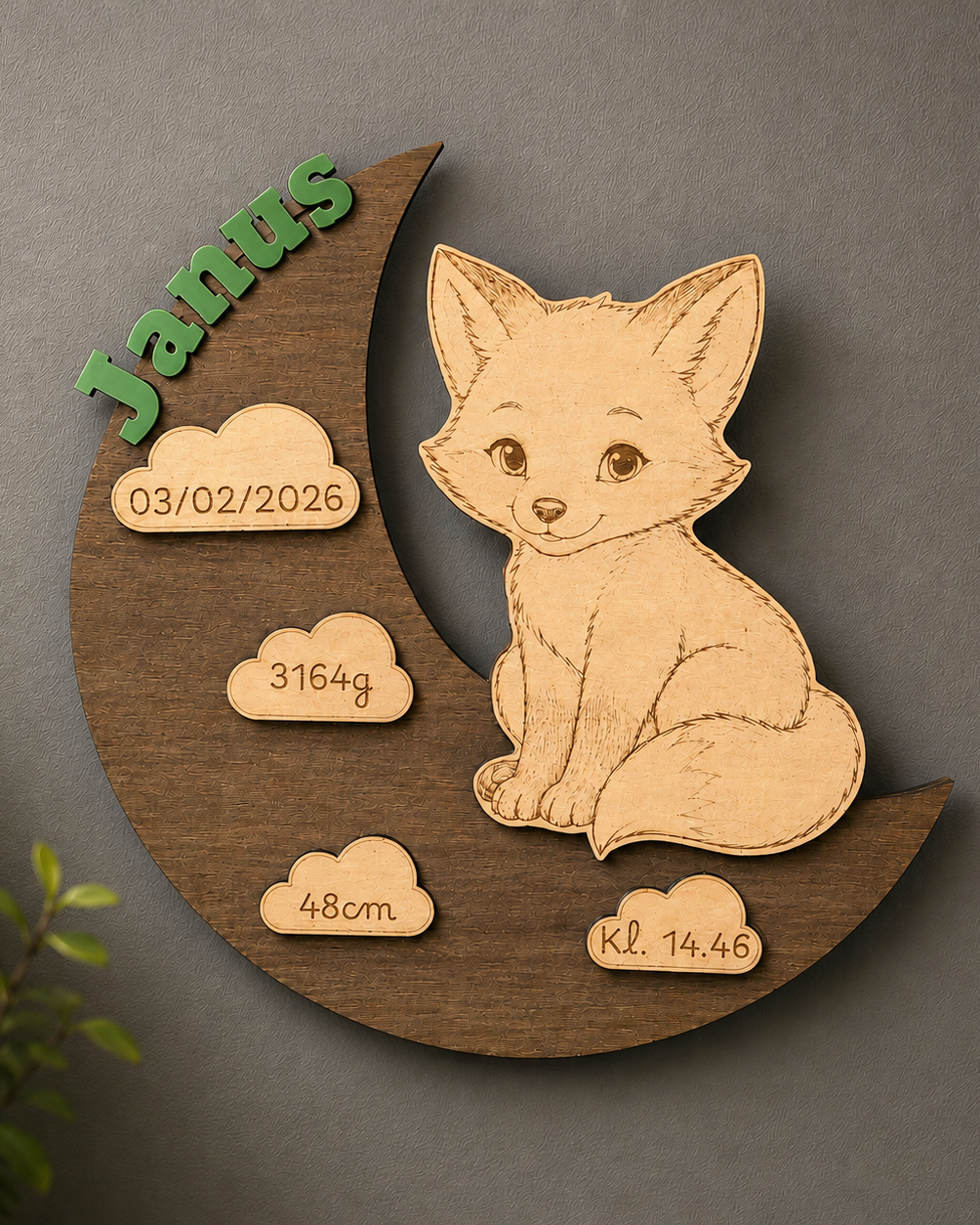 Plaque de naissance – lune avec renard, personnalisée en bois