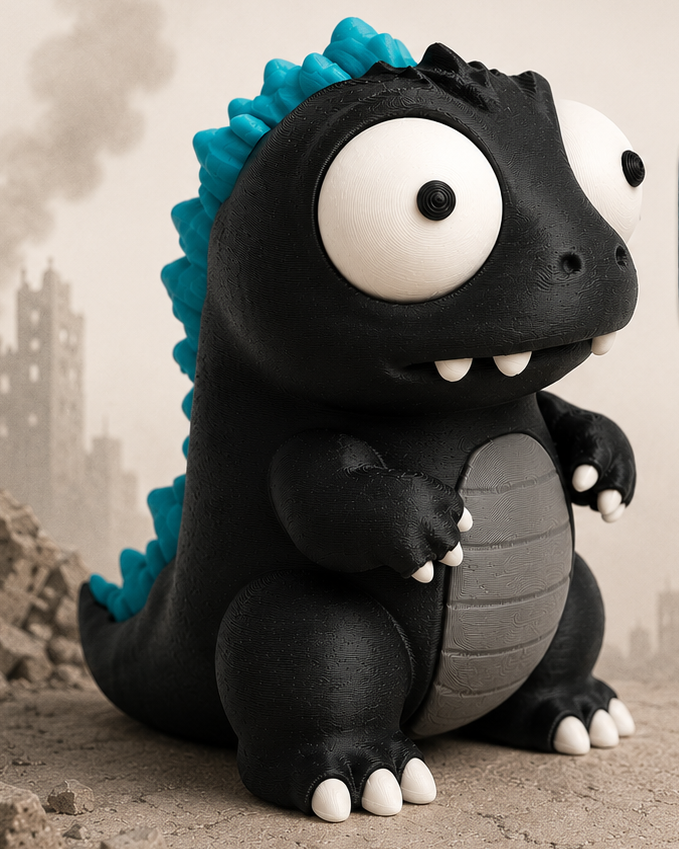 Figurine de dino-monstre kaiju aux grands yeux mobiles, vue de face