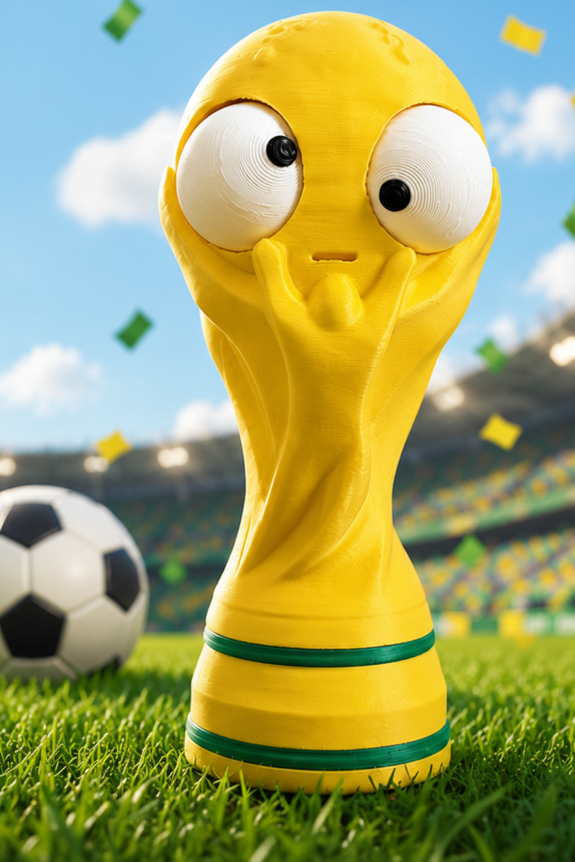 Gros plan d'une figurine amusante de trophée de Coupe du monde avec un grand œil mobile, vue de face