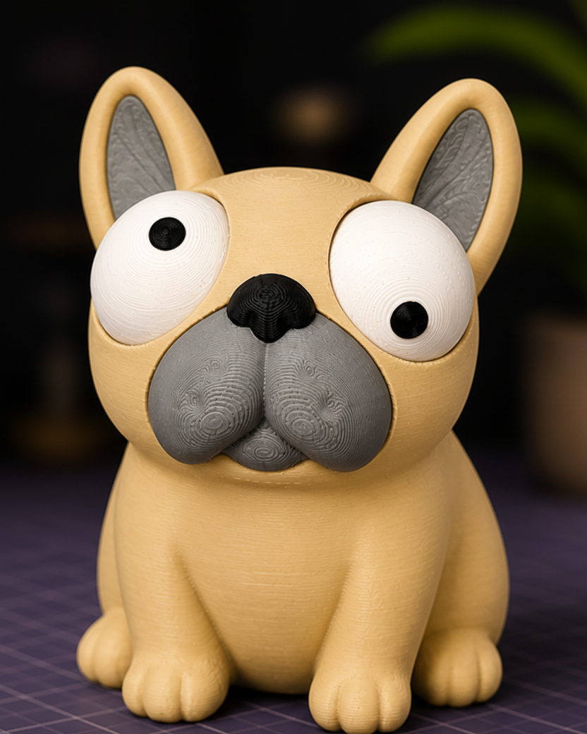 Gros plan de Goofy Frenchie – figurine de bouledogue français aux grands yeux mobiles