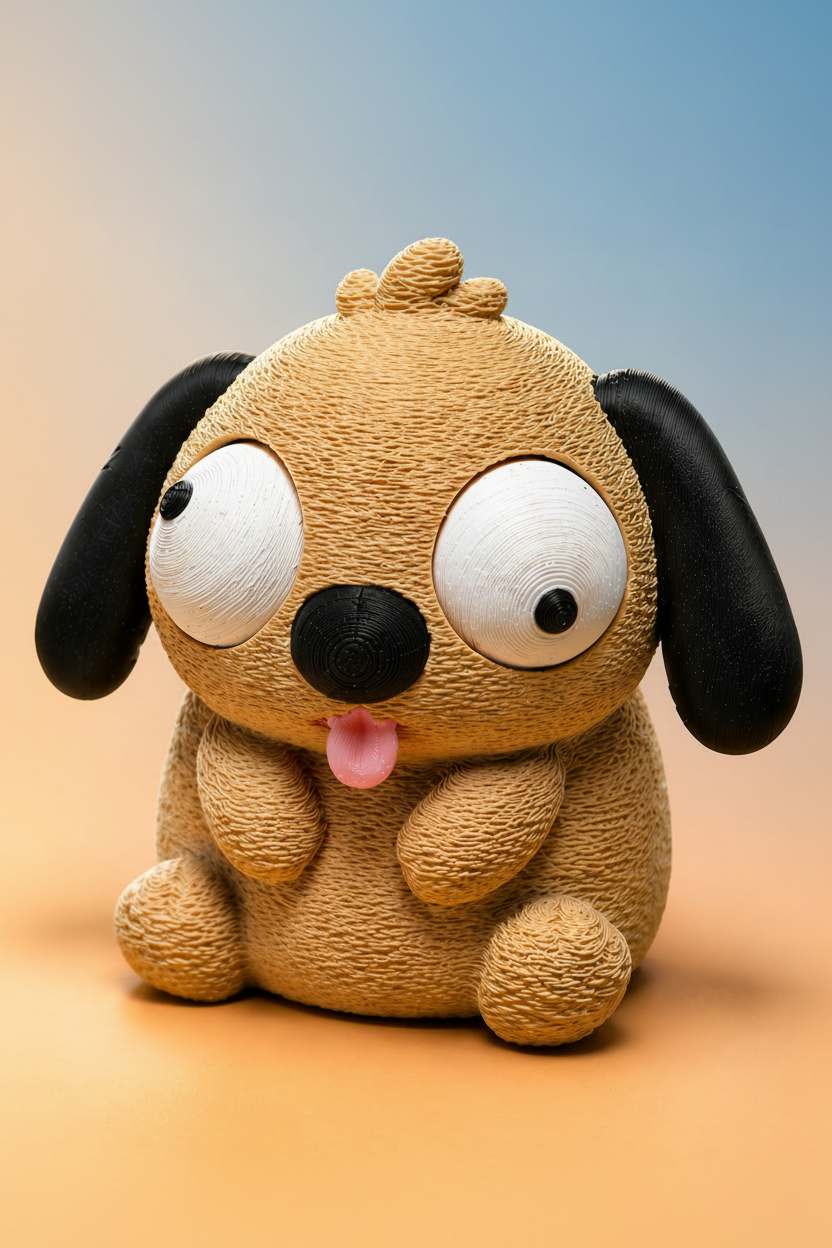 Gros plan d'une figurine de chien amusante aux grands yeux mobiles sur fond blanc