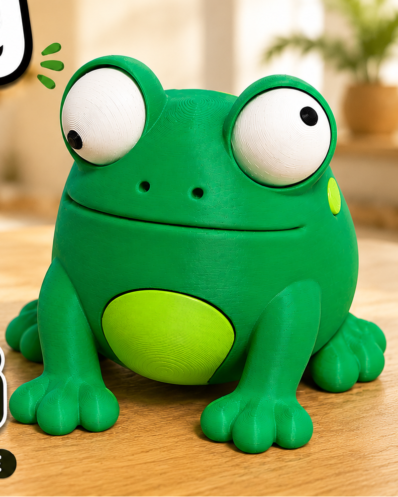 Gros plan d'une figurine de grenouille amusante aux grands yeux mobiles sur fond blanc