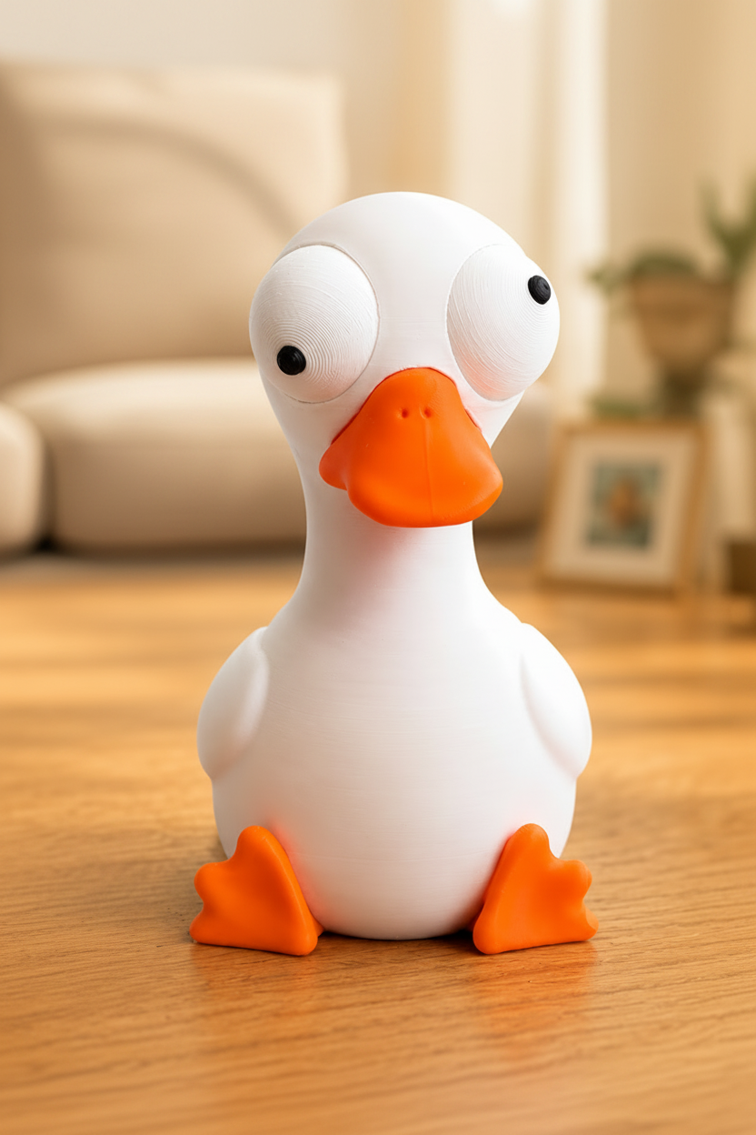 Figurine d'oie rigolote aux grands yeux mobiles sur fond blanc