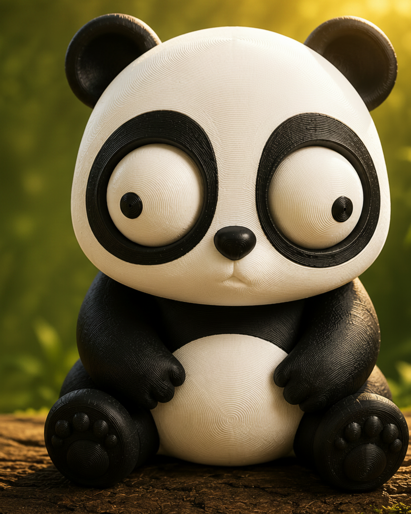 Gros plan d'une figurine de panda noir et blanc aux grands yeux mobiles sur fond blanc