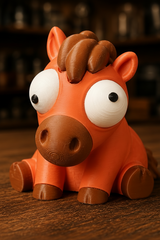 Gros plan d'une figurine de cheval amusante aux grands yeux mobiles sur surface blanche