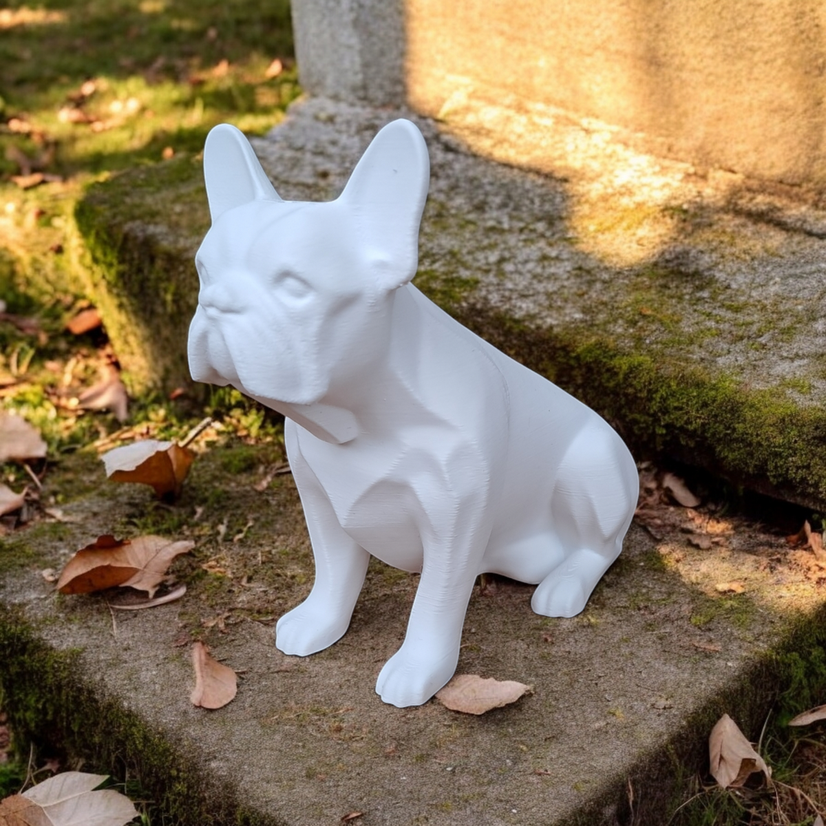 Gros plan du visage et de la posture de la sculpture de bouledogue français, surface lisse