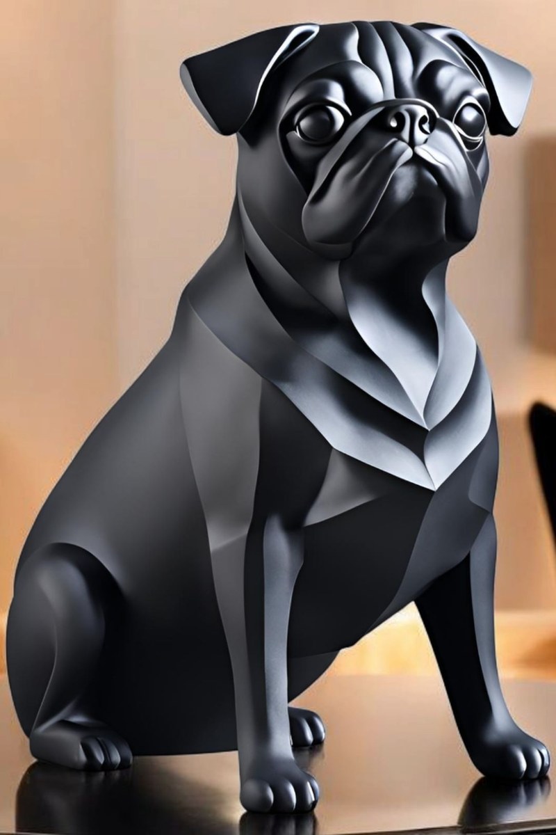 Gros plan d'une sculpture de carlin minimaliste à surface lisse noir mat