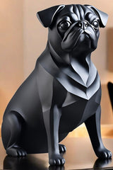 Gros plan d'une sculpture de carlin minimaliste à surface lisse noir mat