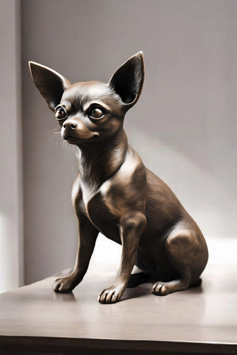 Gros plan d'une sculpture de chihuahua minimaliste au profil épuré et à la posture attentive