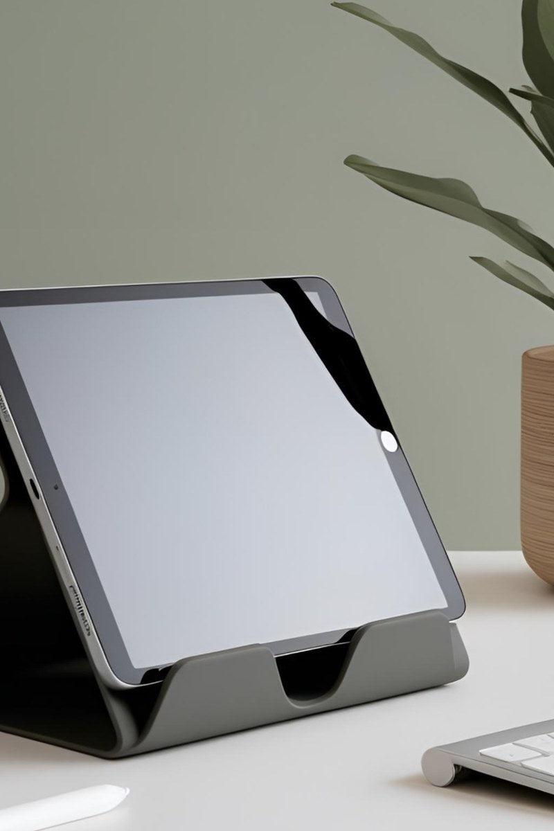 Support iPad blanc minimaliste au design incliné et au pied stable