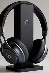 Support de casque audio minimaliste avec discret détail de logo, vu de profil sur une surface neutre