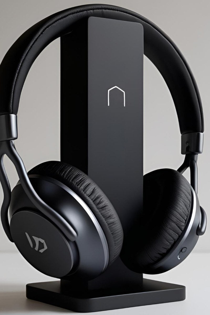 Support de casque audio minimaliste avec discret détail de logo, vu de profil sur une surface neutre