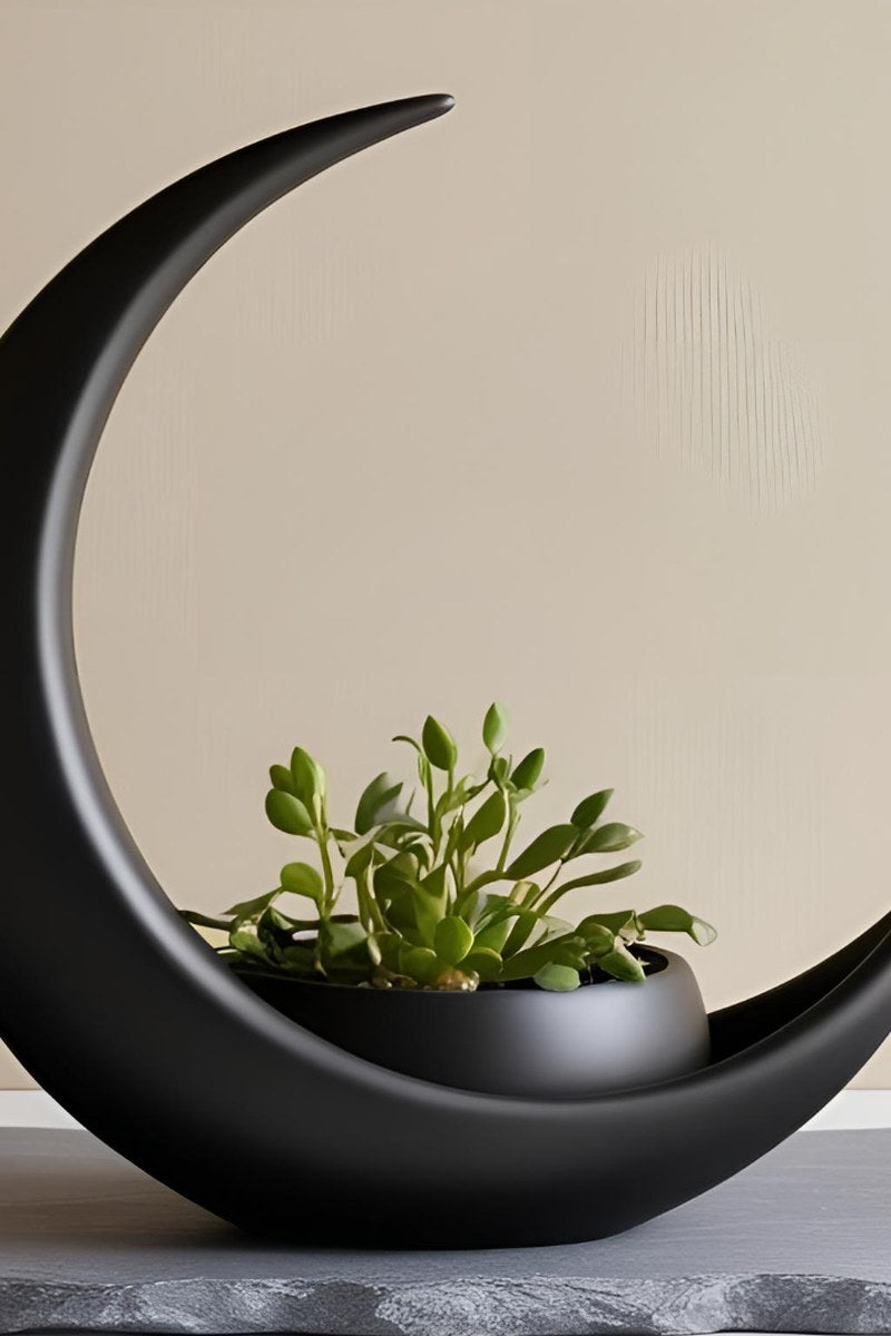 Pot de fleurs demi-lune blanc avec pot elliptique, gros plan sur la surface lisse